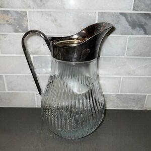 Vintage Italian Ribbed SilverPlated Glass Water Pitcher W/Handle Art Deco 9.5"